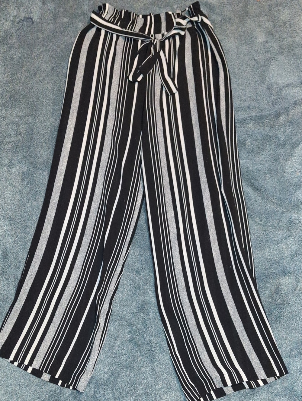 Monteau Black and White Striped Wide-Leg Tie-Waist Pants